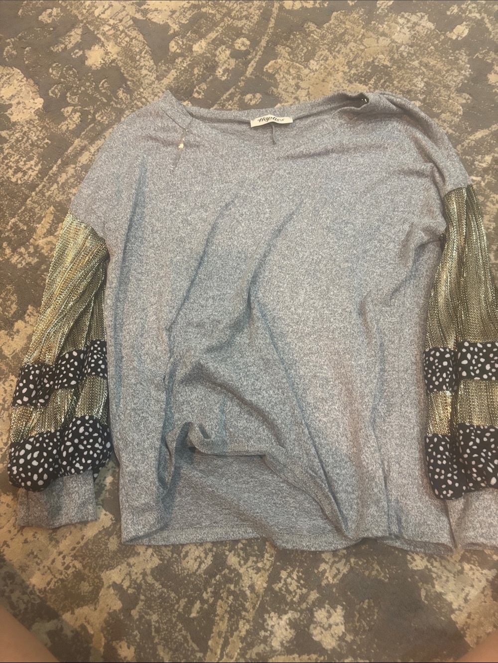 Metallic-Trim Gray Pullover Top with Printed Ruffle Sleeves